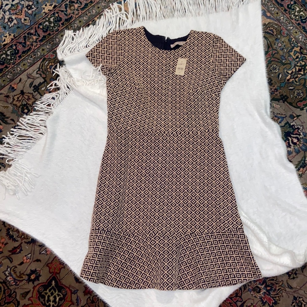 Ann Taylor Loft 0P Shift Dress, Cream & Blue w/ embroidered pattern, flare hem